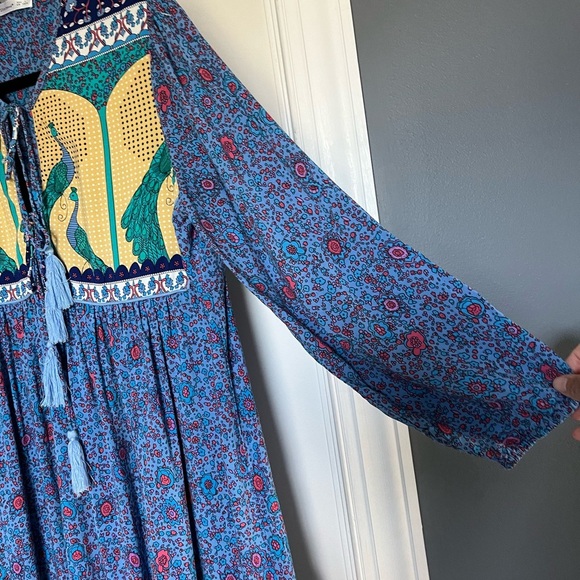 R. Vivimos Boho Festival Midi Blue/Yellow Peacock Print Dress Womens Sz L EUC - Picture 4 of 15